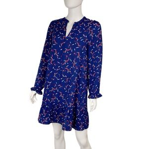 Banana Republic Ruffle Hem Swing Shift Dress Blue Leaf Keyhole Neck‎ Small